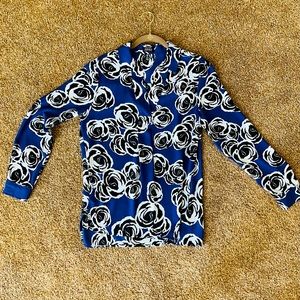 Women's Long Sleeved Blouse Jones New York Black Blue White Floral Print V-Neck